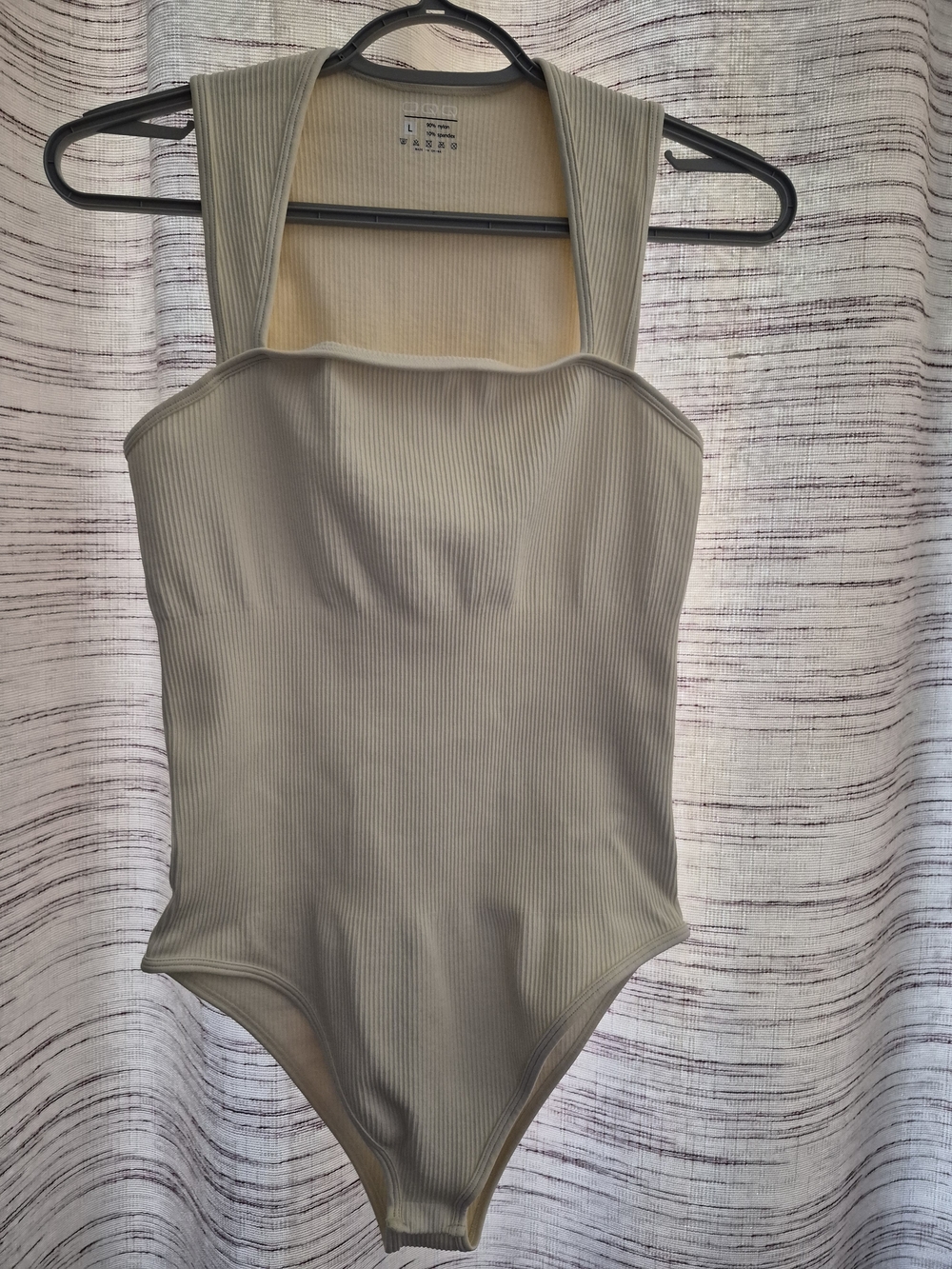 Ribbed Square-Neck Bodysuit in Beige White